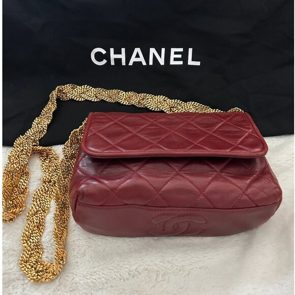Rare Vintage Chanel Small Flap Evening Bag – Braided Gold Chain, Stitched Logo - Picture 1 of 16